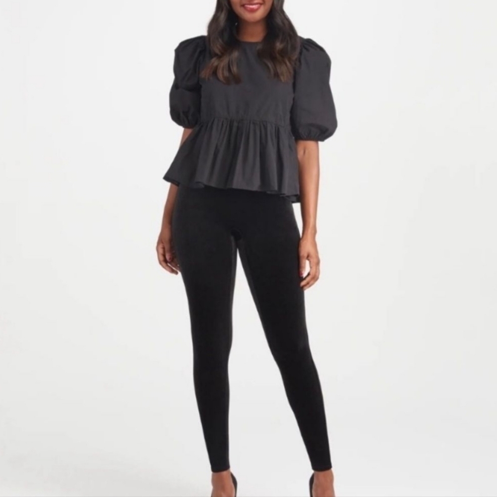 SPANX Black Velvet High Rise Shaping‎ Leggings L Full Length Holiday Glam
